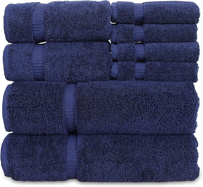Luxury Hotel & Spa Quality, Highly Absorbent 100% Turkish Cotton, 750+ GSM, Eco Friendly Towel, Bathroom and Kitchen Dobby Border Towels, 2 Bath Towel, 2 Hand Towel, 4 Washcloths (8 Piece, Navy)