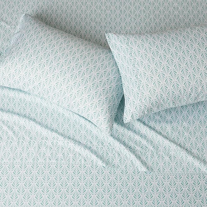 Amazon Basics Lightweight Super Soft Easy Care Comfortable Microfiber 4-Piece Bed Sheet Set with 14-Inch Deep Pockets, Queen, Aqua Fern, Printed