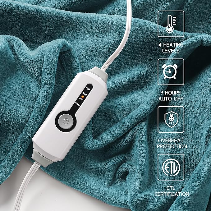 Heated Electric Blanket 62"x84" Twin Size, Soft Coral Fleece Electric Blanket with 4 Heating Levels & 10 Hours Auto-Off,Fast Heating, Warm Cozy, Machine Washable for Home & Office - Teal