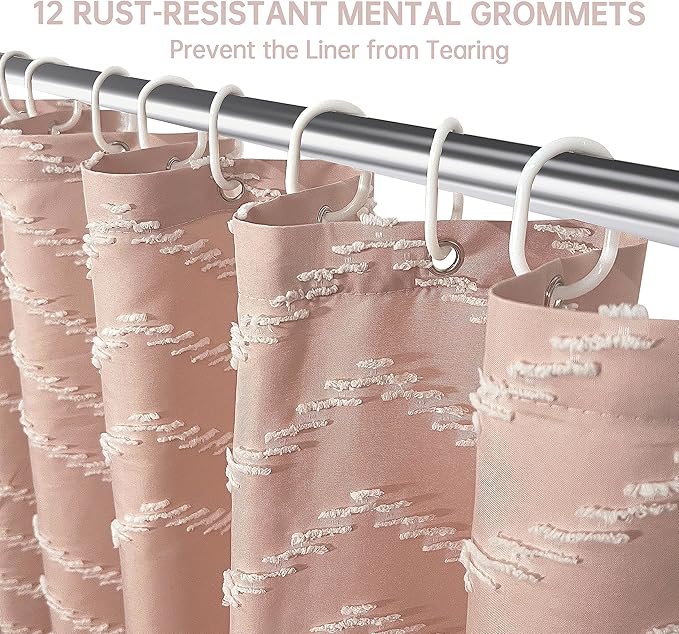 Extra Long Pink Boho Shower Curtain with White Tassel, Woven Fabric 96 in Curtain, Tufted Chevron Striped, 72x96, Modern Chic Textured Minimalist Cute for Bathroom
