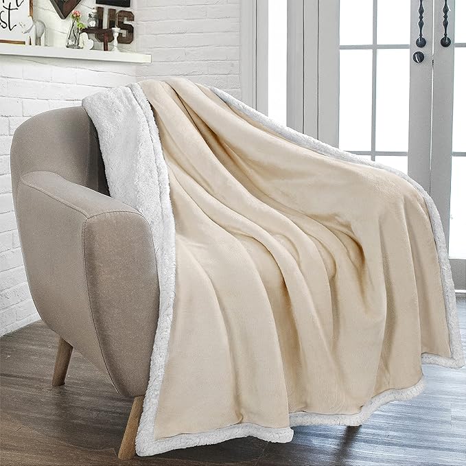 PAVILIA Sherpa Fleece Throw Blanket for Couch, Twin Size, Cream Beige, Plush Soft Fuzzy Sofa Blanket, Cozy Reversible Winter Throw for Women Men, 60x80 Inches