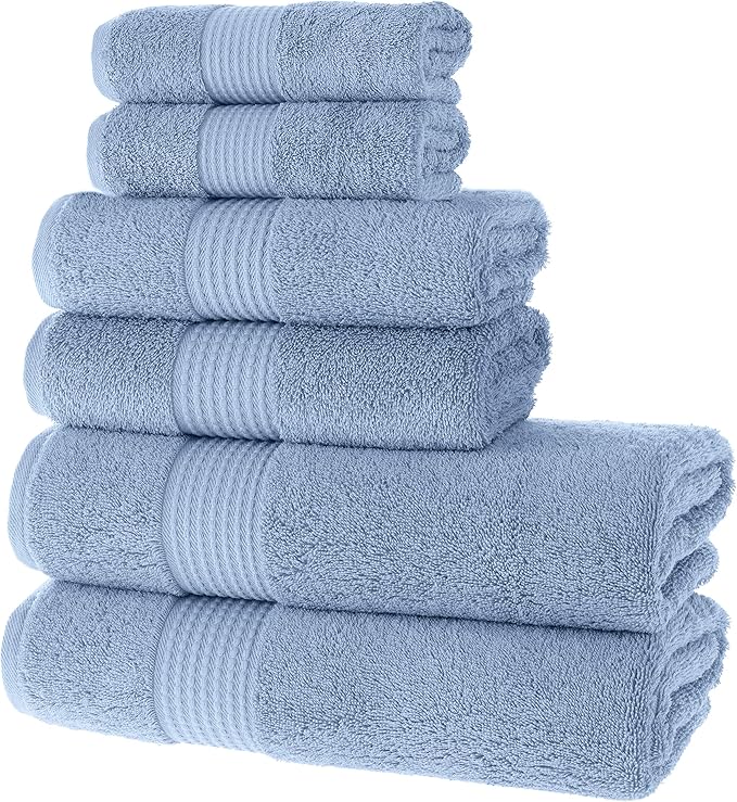 MAURA Basics Bath Towel Sets for Bathroom with Hanging Hook Loops. 2 Bath Towels, 2 Hand Towels, 2 Washcloths, Soft, Durable, Long Lasting and Absorbent Towels Set, Blue Gray