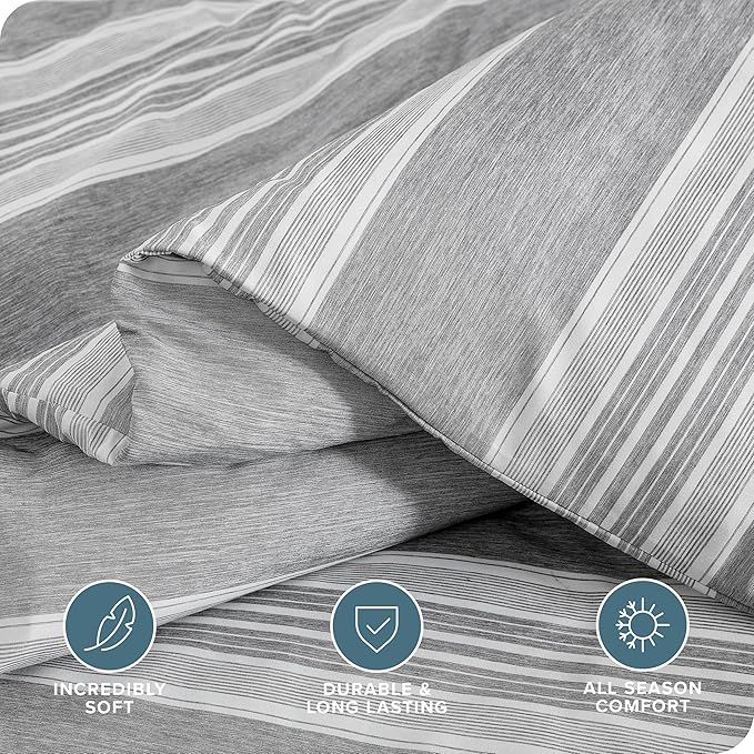 Bare Home Bedding Duvet Cover Full Size - Premium 1800 Super Soft Collection - Lightweight, Duvet Cover - Soft Textured Bedding (Full, Stripe - Heathered Charcoal)