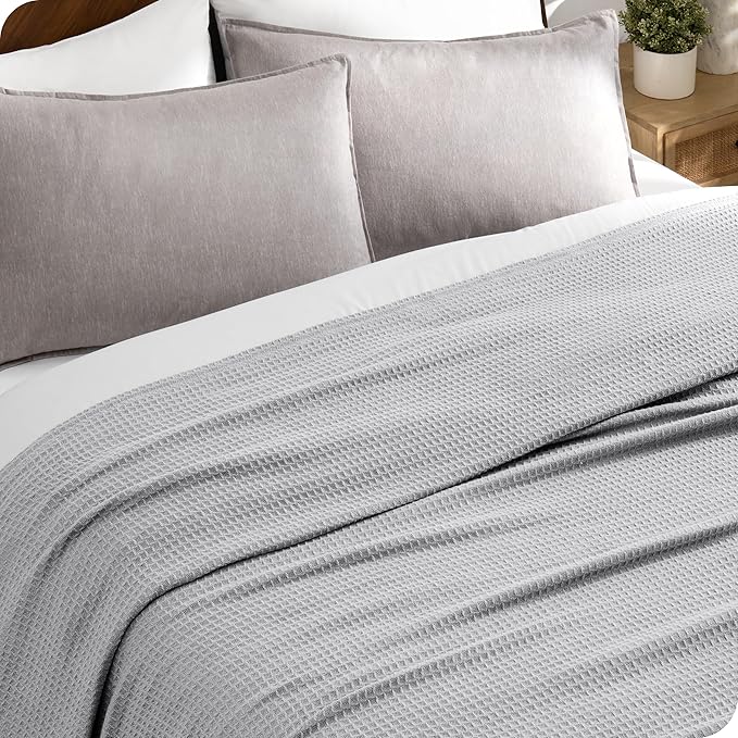 Bare Home Light Grey Waffle Blanket Extra Long 66Wx90L, 100% Cotton, Soft & Breathable Throw for All Seasons, Lightweight Blanket, Perfect for Layering Bed, Sofa & Couch (Twin/Twin XL, Light Grey)