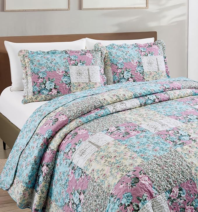Brilliant Sunshine Lilac Rose Toile Quilt Set, 3-Piece Bedding Sets, Traditional Lively Patchwork Design, Washable, Reversible Bedspread, Soft Lightweight Coverlet, All-Season, Full/Queen, Egg Blue
