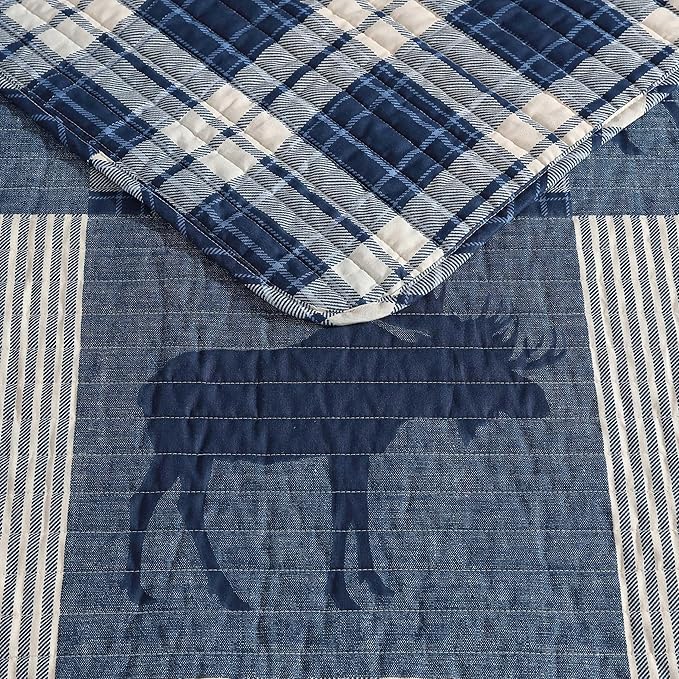 Eddie Bauer - Twin Quilt Set, Naturally Soft Cotton Bedding w/a Lightweight Feel for All-Year Comfort, Reversible w/Matching Pillowcase, 2 Piece Bed Set (Moose Plaid/Pinstripe/Patchwork Blue)