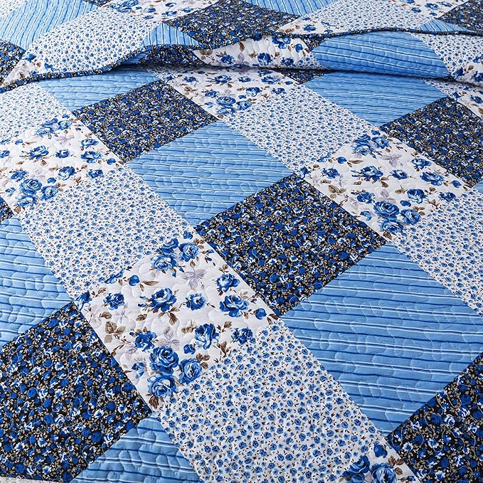 HoneiLife Quilt Set Queen Size - 3 Piece Microfiber Quilts Reversible Bedspreads Patchwork Coverlets Floral Bedding Set All Season Quilts with Blue and White Porcelain Pattern,Queen Size