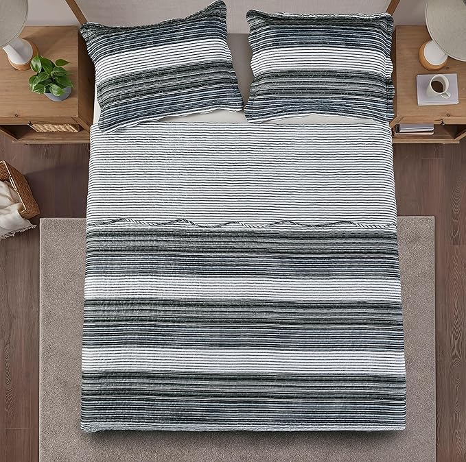 Brilliant Sunshine Multi Grey Stripes Patchwork, 3-Piece Quilt Set with 2 Shams, Reversible Bedspread, Soft Lightweight Coverlet, All-Season, Full/Queen, Multi Grey