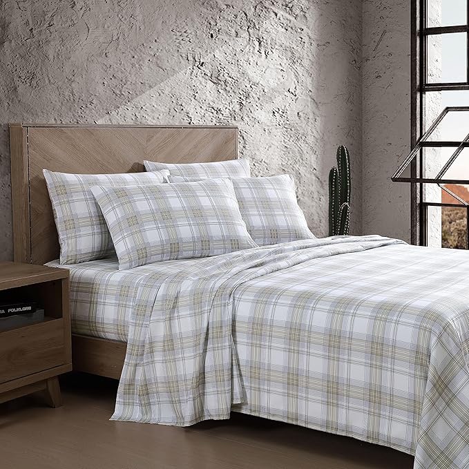 Wrangler - Queen Bed Sheets, Ultra-Soft & Lightweight Bedding with Matching Pillowcases, Lightweight Bed Set for All Season Comfort, Oeko-Tex Certified (Dayton Valley Plaid Beige)