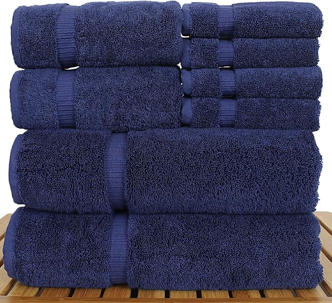 Luxury Hotel & Spa Quality, Highly Absorbent 100% Turkish Cotton, 750+ GSM, Eco Friendly Towel, Bathroom and Kitchen Dobby Border Towels, 2 Bath Towel, 2 Hand Towel, 4 Washcloths (8 Piece, Navy)