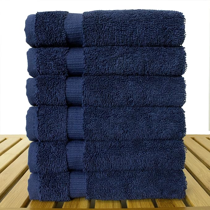 Luxury Hotel & Spa Towel Turkish Cotton Washcloths - Navy - Dobby Border - Set of 6