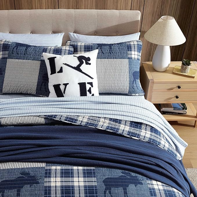 Eddie Bauer - King Quilt Set, Naturally Soft Cotton Bedding w/a Lightweight Feel for All-Year Comfort, Reversible w/Matching Pillowcases, 3 Piece Bed Set (Moose Plaid/Pinstripe/Patchwork Blue)