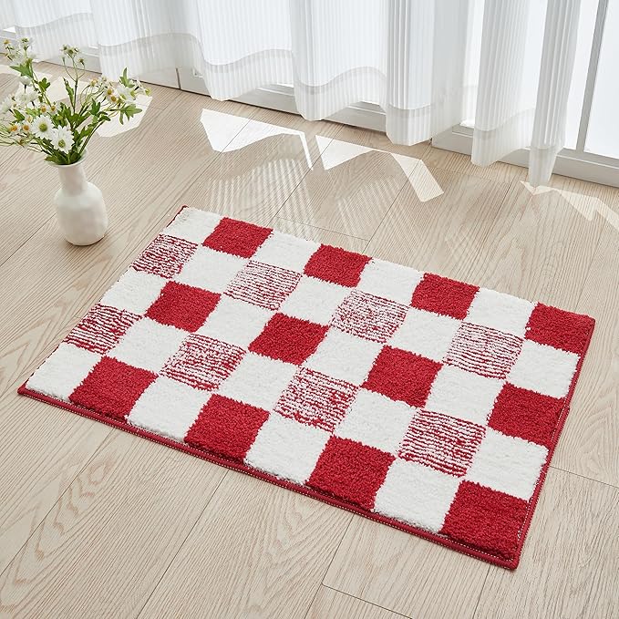 CozeCube Bath mats for Bathroom Non Slip, Fluffy Absorbent Microfiber Bath mat Washable, Aesthetic Bathroom Rugs, Small Christmas Red Checkered Bath mat, Christmas Red, 24" x 16"