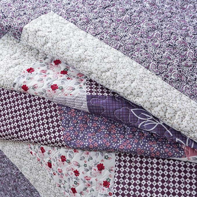 HoneiLife Queen Quilt Bedding Set - 3 Pieces Microfiber Quilt Sets Lightweight Bedspreads Reversible Coverlets Retro Bed Cover Floral Bedding Set All Season Quilts-Purple
