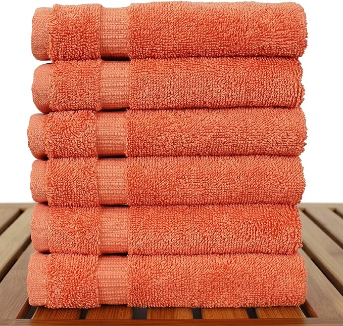 Luxury Hotel & Spa Towel Turkish Cotton Washcloths - Coral - Dobby Border - Set of 6