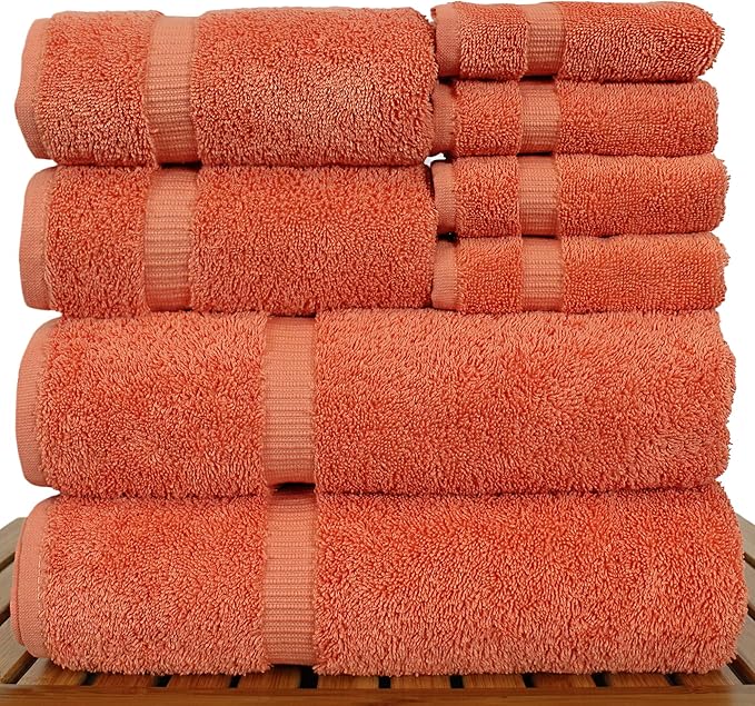 Luxury Hotel & Spa Quality, Highly Absorbent 100% Turkish Cotton, 750+ GSM, Eco Friendly Towel, Bathroom and Kitchen Dobby Border Towels, 2 Bath Towel, 2 Hand Towel, 4 Washcloths (8 Piece, Coral)