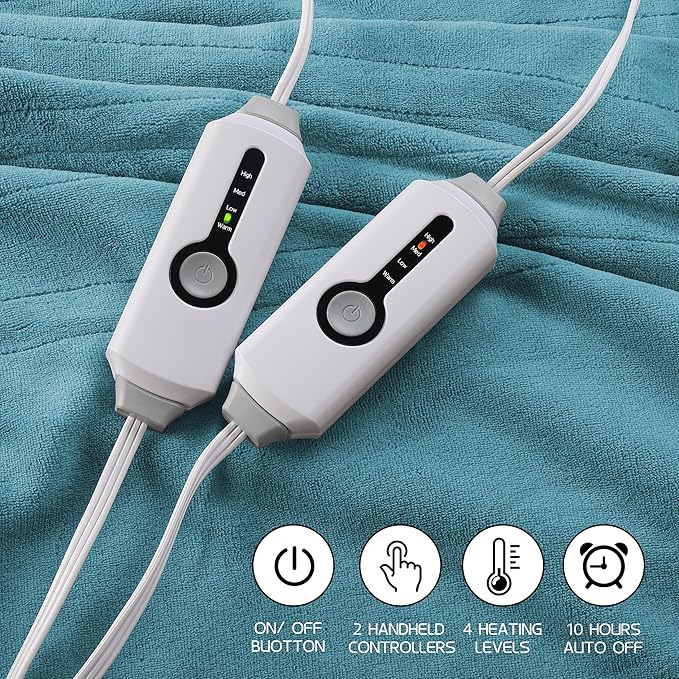 Electric Heated Blanket 84"x90" Queen Size, Soft Coral Fleece, Dual Controllers with 4 Heating Levels and 10 Hours Auto-Off, Machine Washable, Cozy Plush Fabric for Home, Teal