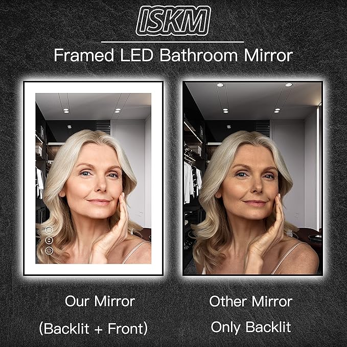 ISKM Framed LED Mirror for Bathroom 60"x28", Dimmable LED Bathroom Mirror with Lights, Anti-Fog, Front and Backlit Lighted Mirror 3-Colors, Shatterproof, Memory Function