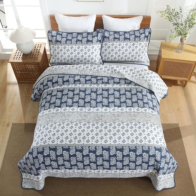 Quilt Bedding Set Queen Size, Cotton Comforters Set Queen Size,Navy Blue Grey Quilts Bedspread for The Bed, Farmhouse Lightweight Bedding (90 * 98 Inch) and 2 Pillow Shams All Season