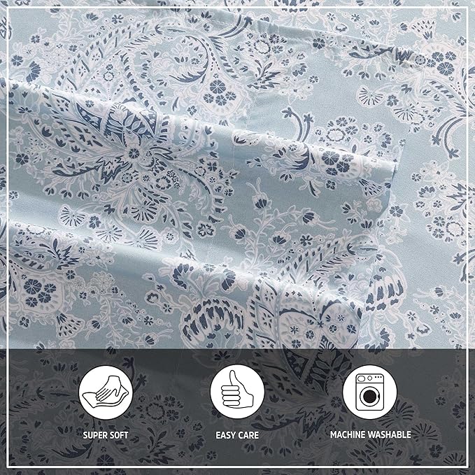 Wrangler - Queen Bed Sheets, Ultra-Soft & Lightweight Bedding with Matching Pillowcases, Lightweight Bed Set for All Season Comfort, Oeko-Tex Certified (Prairieland Paisley Blue)