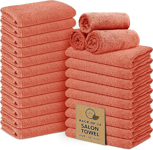 Softolle Salon Towels – Pack of 24 (16"x27") 100% Cotton Ring Spun (Not Bleach Proof) Ultra Soft, Highly Absorbent Hand Towels – Bulk for Spa, Gym & Salon (Coral)