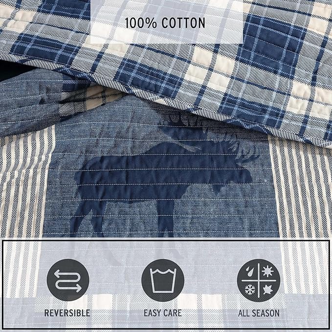 Eddie Bauer - King Quilt Set, Naturally Soft Cotton Bedding w/a Lightweight Feel for All-Year Comfort, Reversible w/Matching Pillowcases, 3 Piece Bed Set (Moose Plaid/Pinstripe/Patchwork Blue)