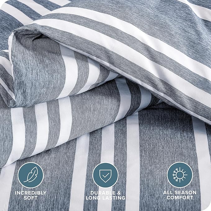 Bare Home Bedding Duvet Cover Extra Long Size - Premium 1800 Super Soft Collection - Lightweight - Soft Textured Duvet Cover (Twin/Twin XL, Stripe - Heathered Midnight Blue)